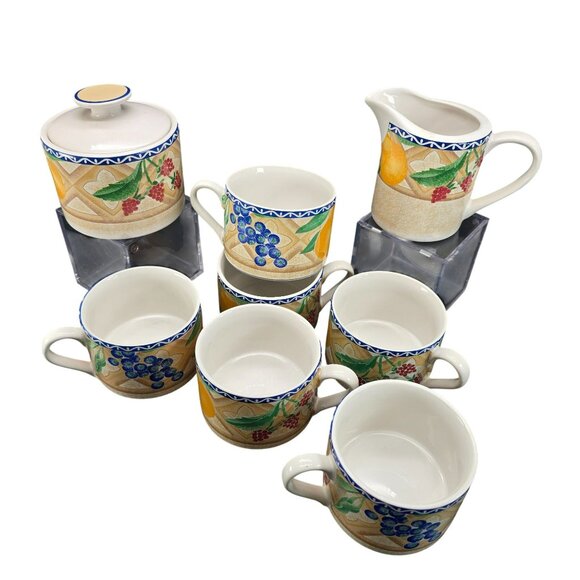 Sango Delight Ceramic Fruit-Themed Mugs Sugar Bowl & Creamer Set JJ3830 - Picture 2 of 11